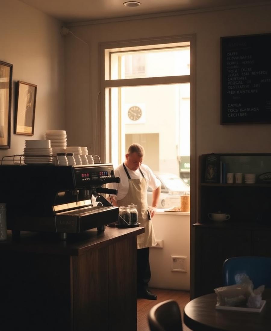 Interior de um café com o proprietário ao balcão