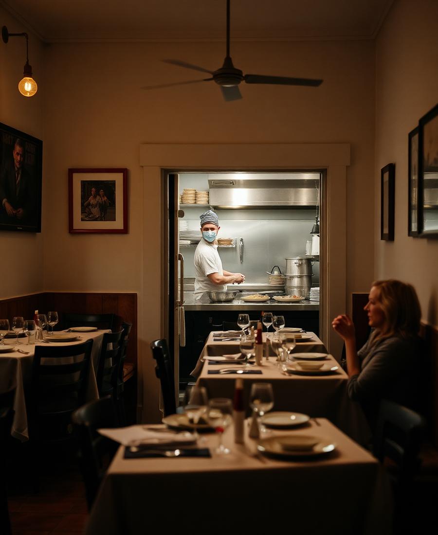 Sala de um pequeno restaurante com cozinha aberta